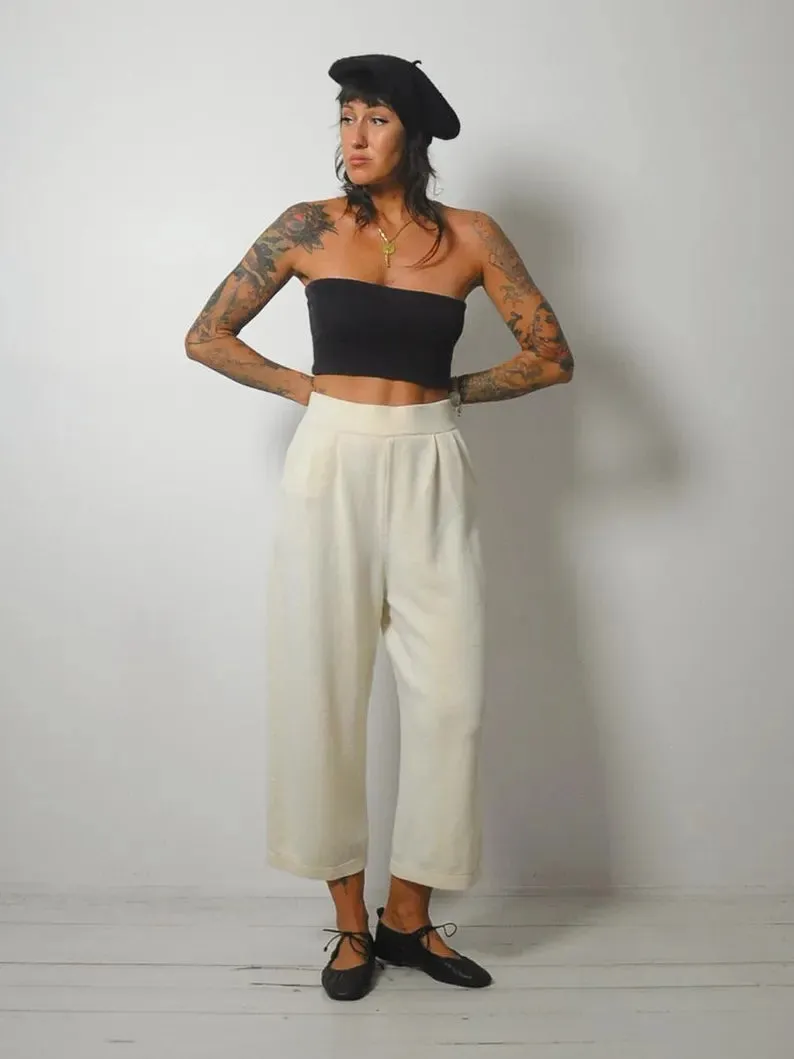 1980's Cream Knit Wide Leg Pant