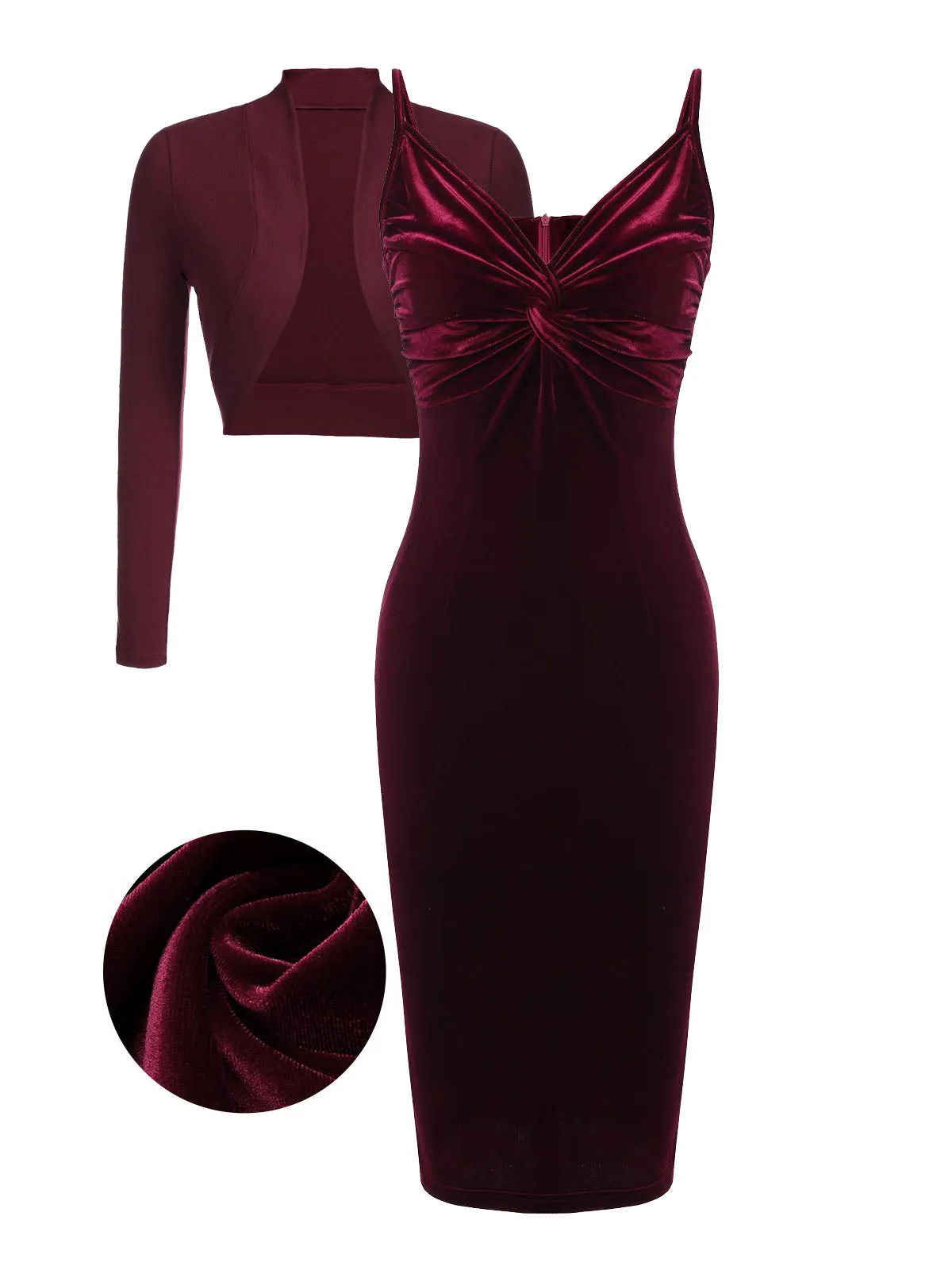 2PCS Wine Red 1960s Velvet Bodycon Dress