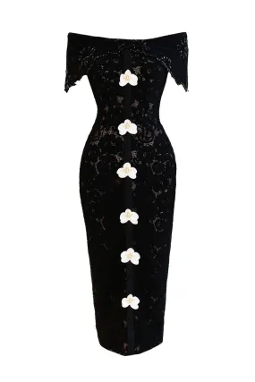 BLACK OFF-SHOULDER LACE MIDI DRESS