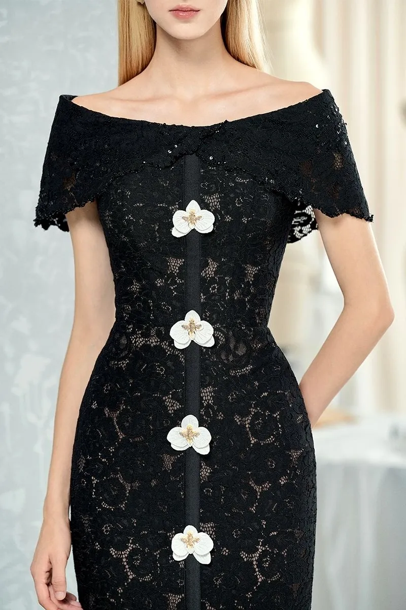 BLACK OFF-SHOULDER LACE MIDI DRESS