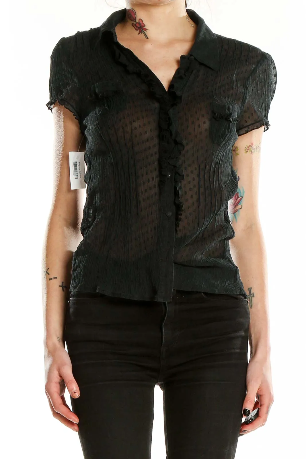 Black Sheer Silk Button-Up Blouse