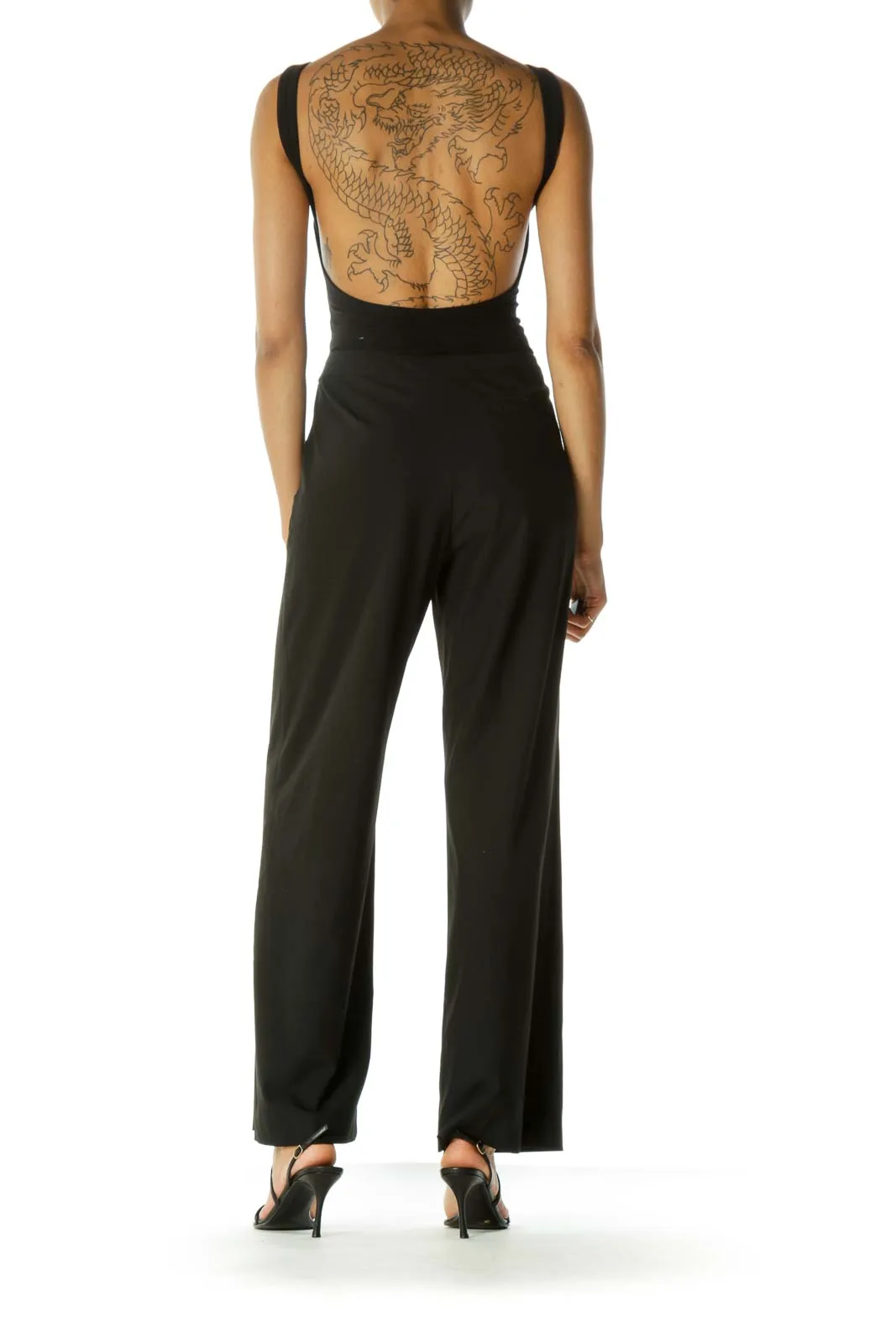 Black Stretch Thin Wide-Leg Front Pockets Slacks