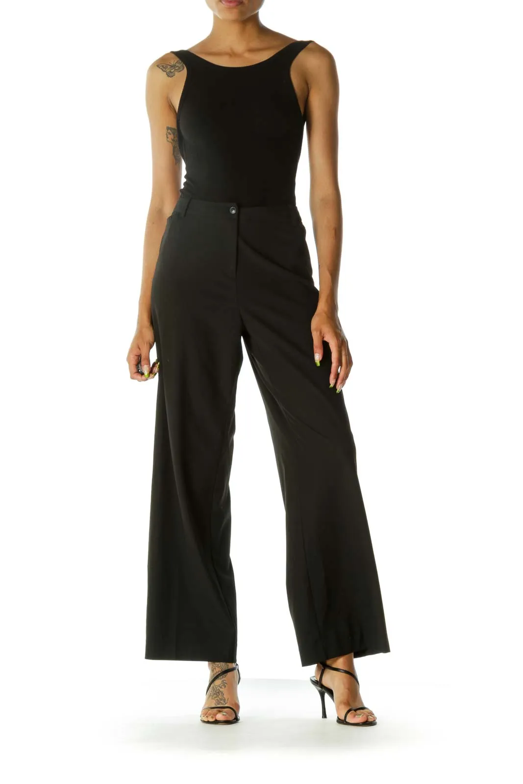 Black Stretch Thin Wide-Leg Front Pockets Slacks