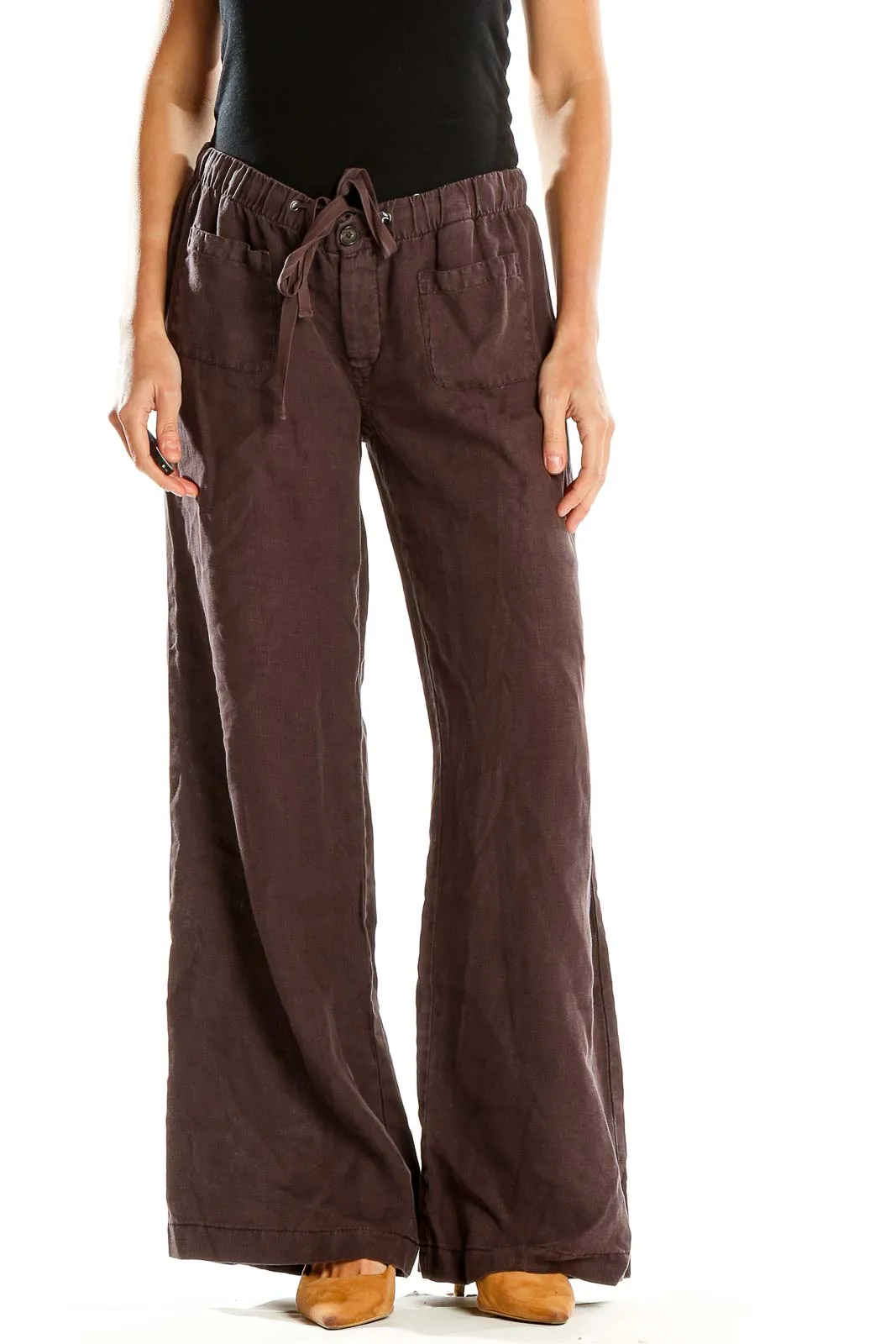 Brown Wide-Leg Linen Pants