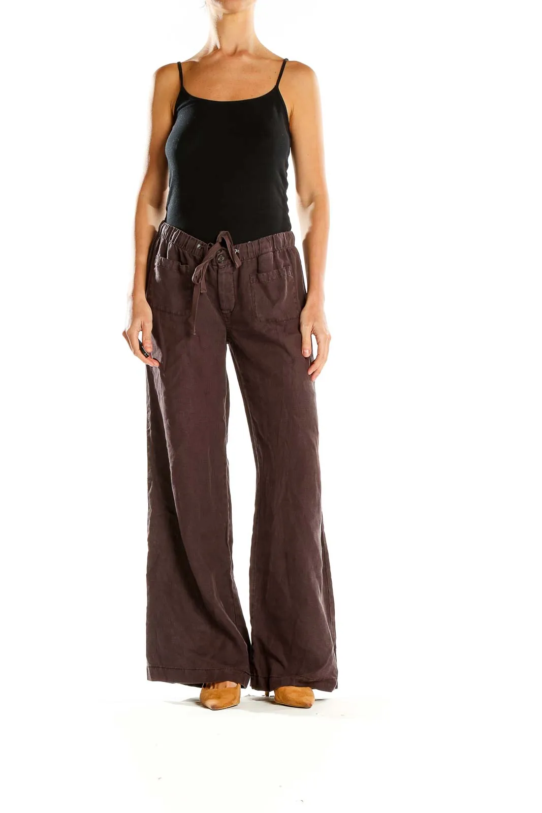 Brown Wide-Leg Linen Pants