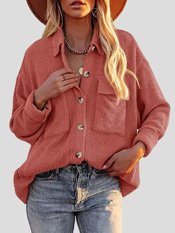 Button-Up Corduroy Long Sleeve Blouses with Pockets