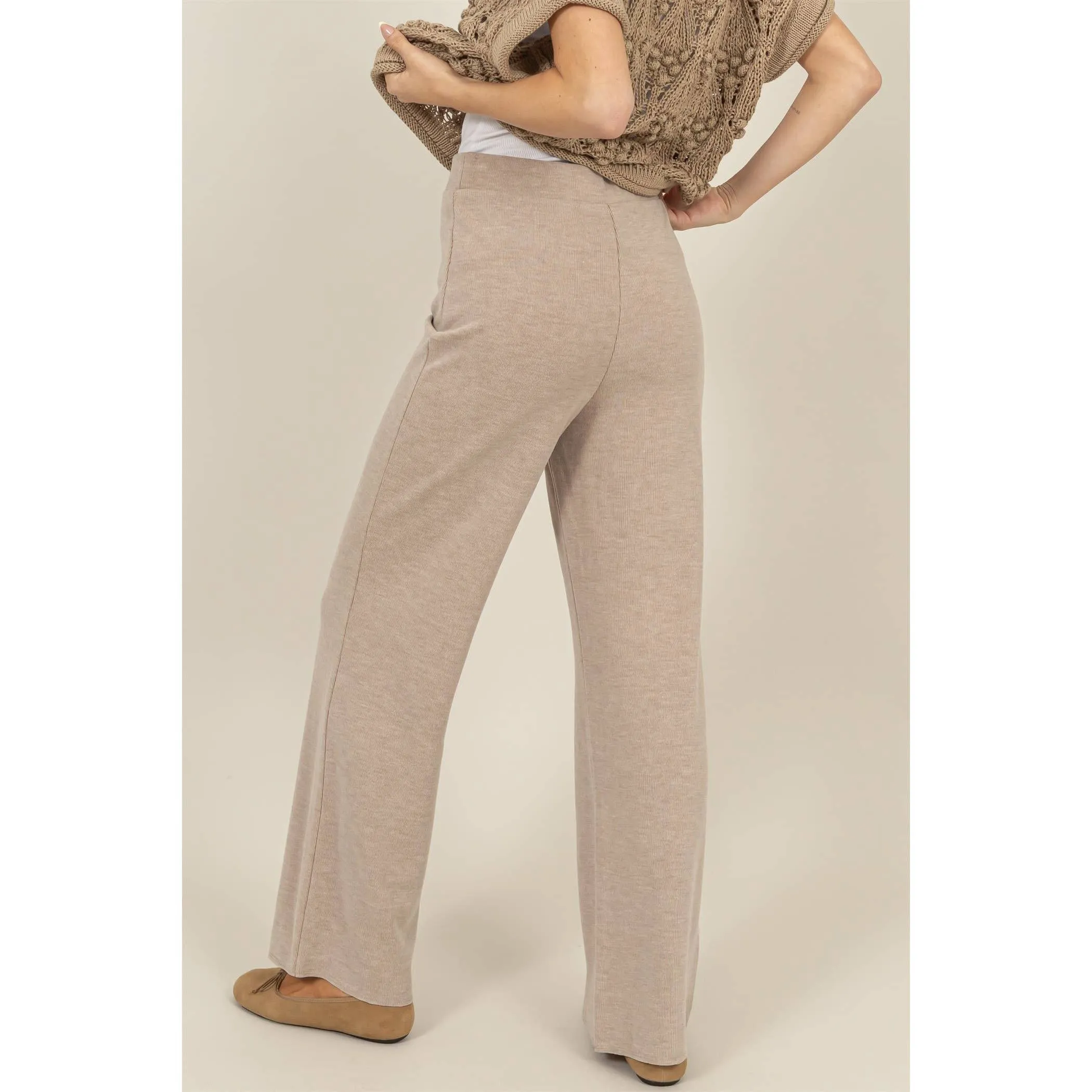 Camel Relaxed Rib Knit Wide Leg Pants