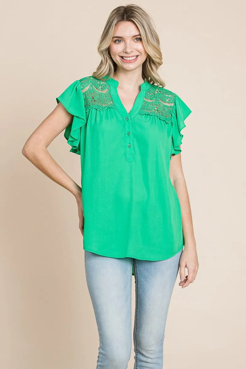 Crochet Detail Flutter Short Sleeve Blouse Tops