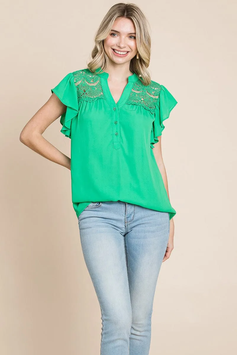 Crochet Detail Flutter Short Sleeve Blouse Tops