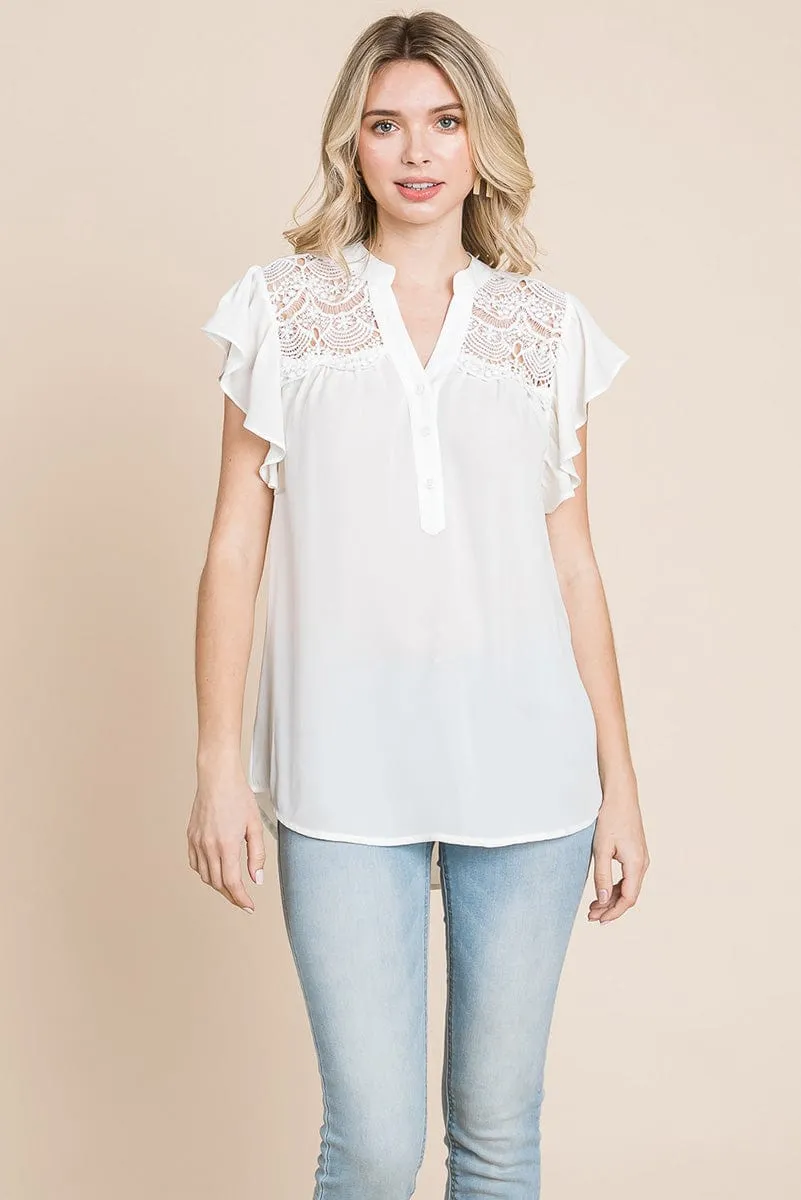 Crochet Detail Flutter Short Sleeve Blouse Tops