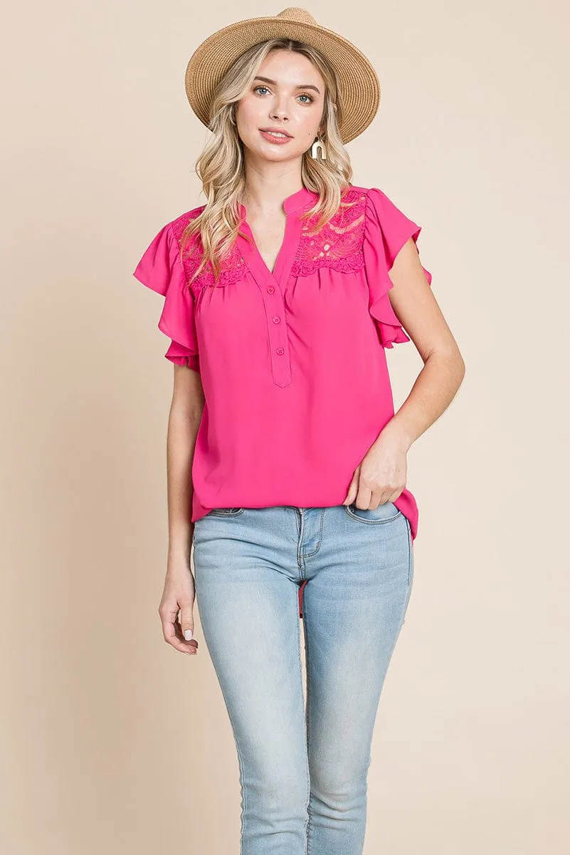 Crochet Detail Flutter Short Sleeve Blouse Tops