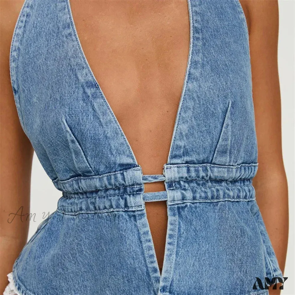 Denim Solid Color V Neck Sleeveless Backless Bandage Vest Jeans Streetwear Crop Top