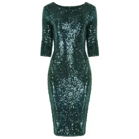 Emerald Green 3/4 Sleeve Velour Sequin Wiggle Dress