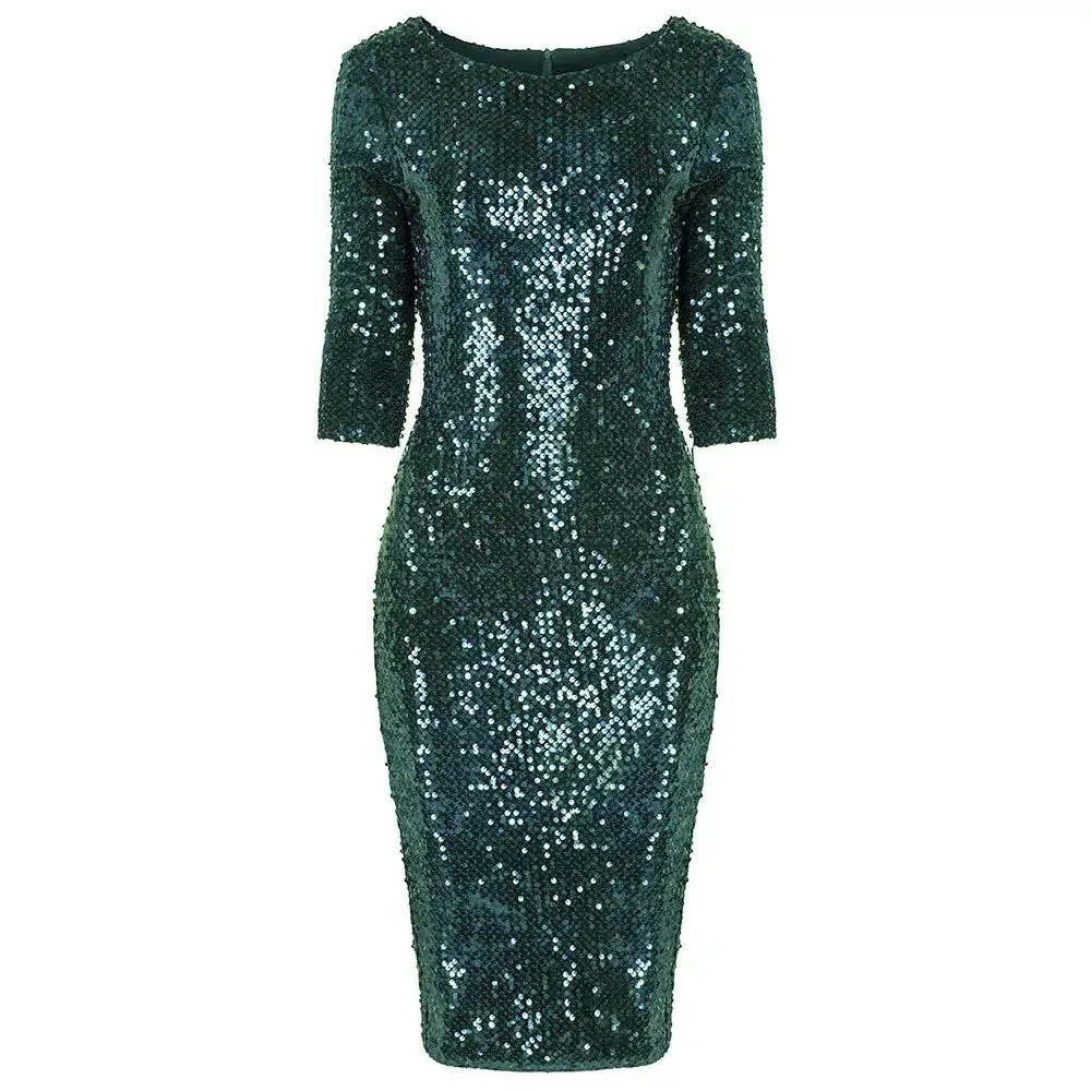 Emerald Green 3/4 Sleeve Velour Sequin Wiggle Dress