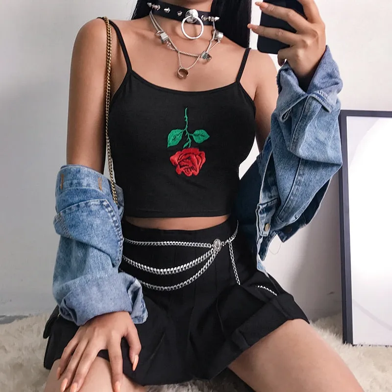 Fashion Sexy Spaghetti Strap Cute Black Floral Embroidery Cropped Crop Top Sleeveless