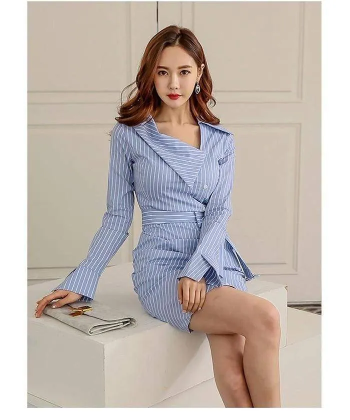 FashionSierra - Lady Elegant Striped Short Dress Long Sleeve Pencil Dress