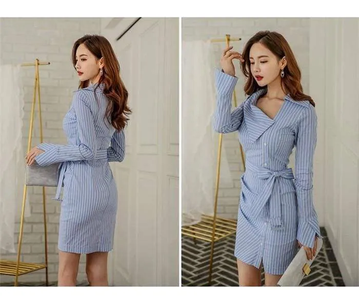 FashionSierra - Lady Elegant Striped Short Dress Long Sleeve Pencil Dress