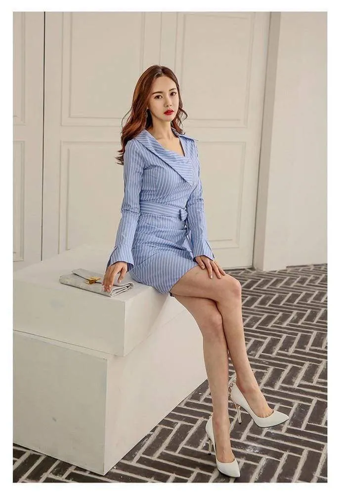 FashionSierra - Lady Elegant Striped Short Dress Long Sleeve Pencil Dress