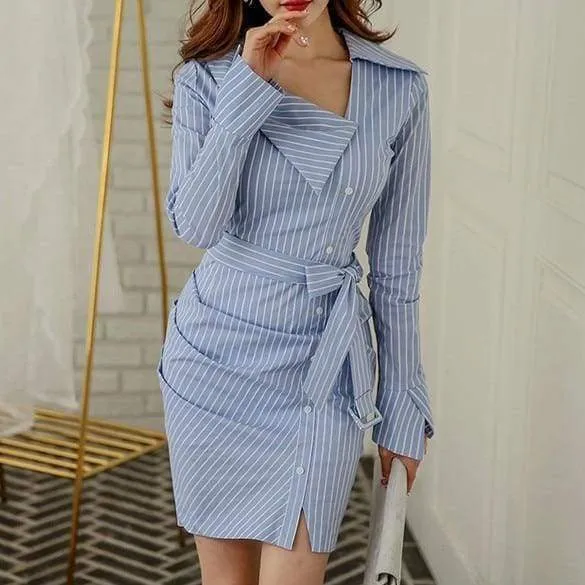 FashionSierra - Lady Elegant Striped Short Dress Long Sleeve Pencil Dress