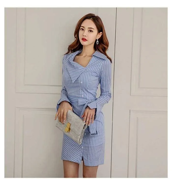 FashionSierra - Lady Elegant Striped Short Dress Long Sleeve Pencil Dress