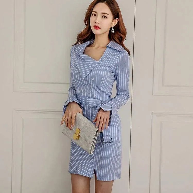 FashionSierra - Lady Elegant Striped Short Dress Long Sleeve Pencil Dress