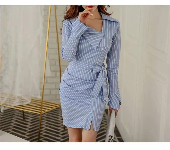 FashionSierra - Lady Elegant Striped Short Dress Long Sleeve Pencil Dress