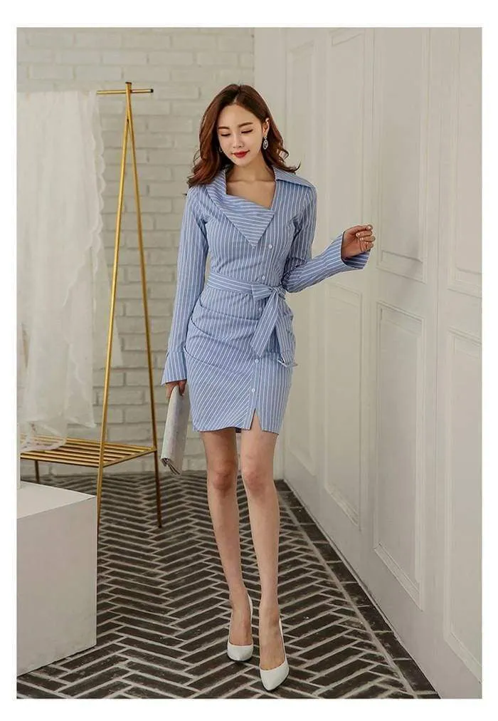 FashionSierra - Lady Elegant Striped Short Dress Long Sleeve Pencil Dress