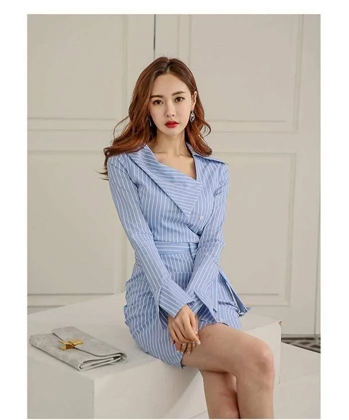 FashionSierra - Lady Elegant Striped Short Dress Long Sleeve Pencil Dress