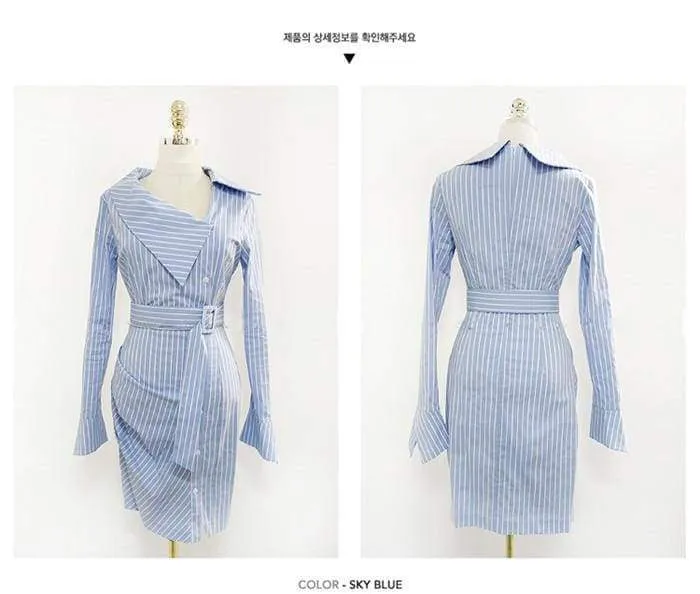 FashionSierra - Lady Elegant Striped Short Dress Long Sleeve Pencil Dress