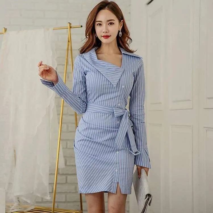 FashionSierra - Lady Elegant Striped Short Dress Long Sleeve Pencil Dress