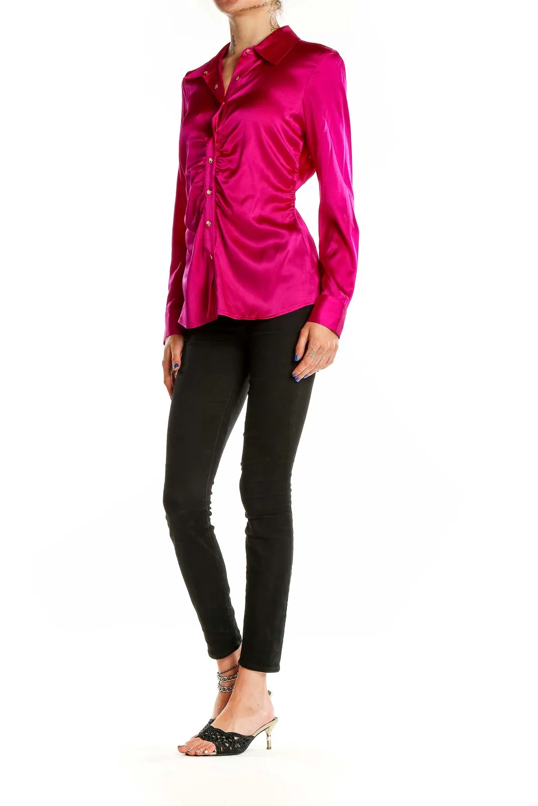 Fuchsia Satin Button-Up Blouse