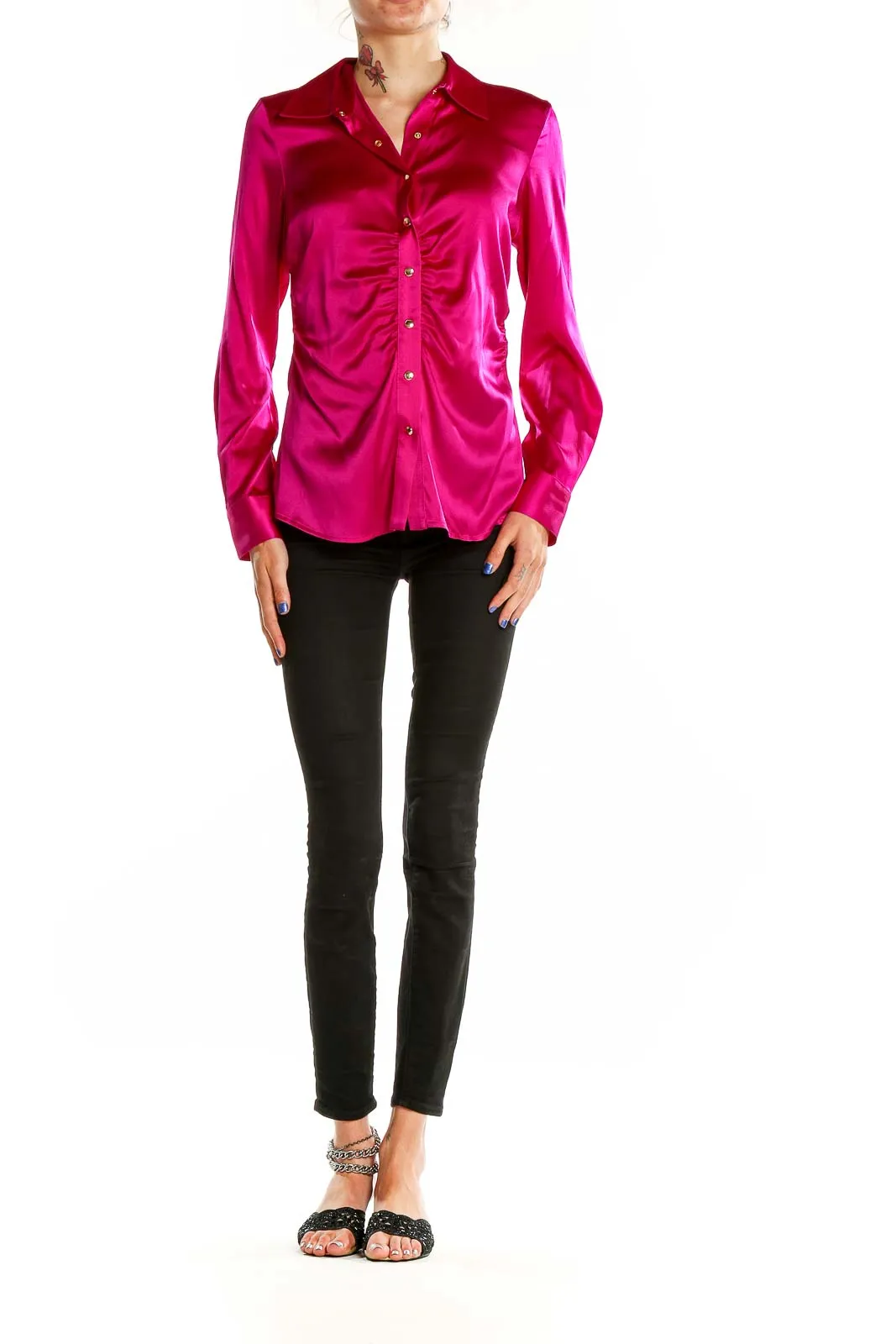 Fuchsia Satin Button-Up Blouse