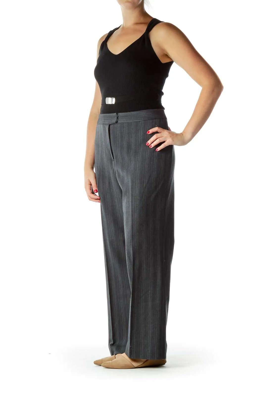 Gray Chevron Print Wide-Leg Slacks