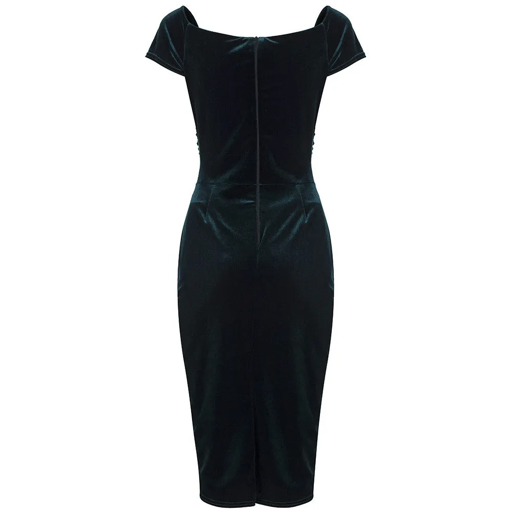 Green Velour Cap Sleeve Crossover Wiggle Dress