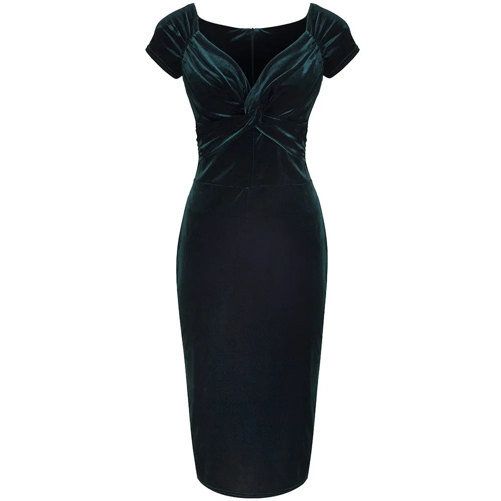 Green Velour Cap Sleeve Crossover Wiggle Dress