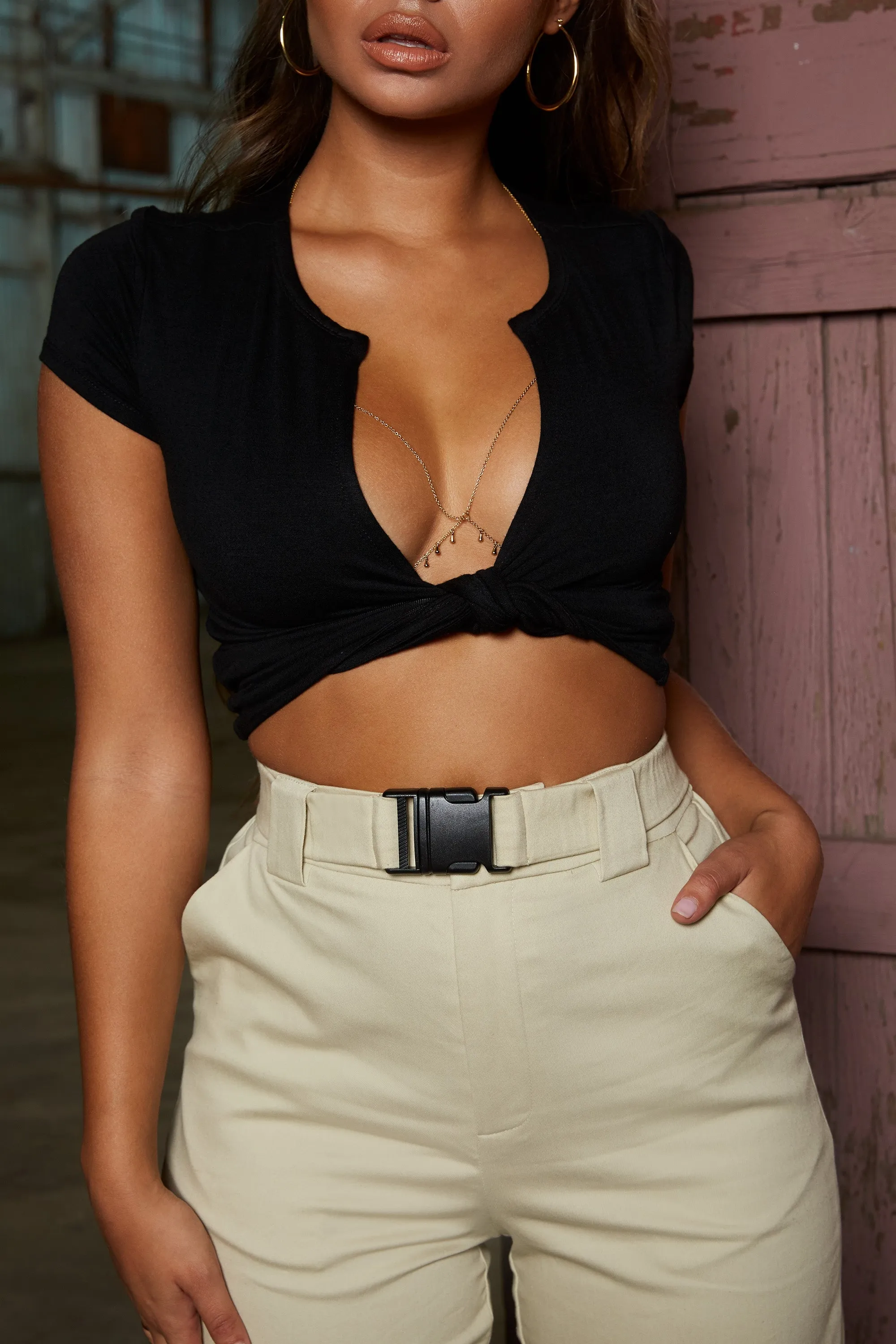 Knot My Intention Plunge Tie Front Crop Top in Black