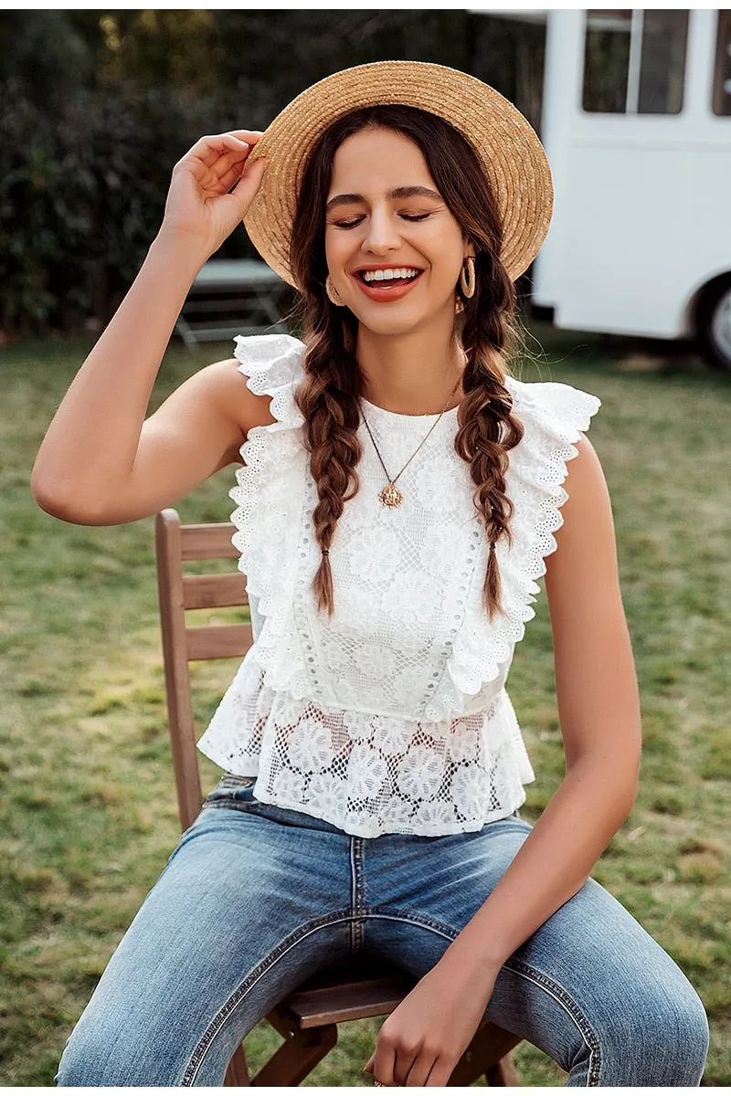 Lace Embroidery Ruffled Hollow Out O-neck Peplum Summer Style White Tops