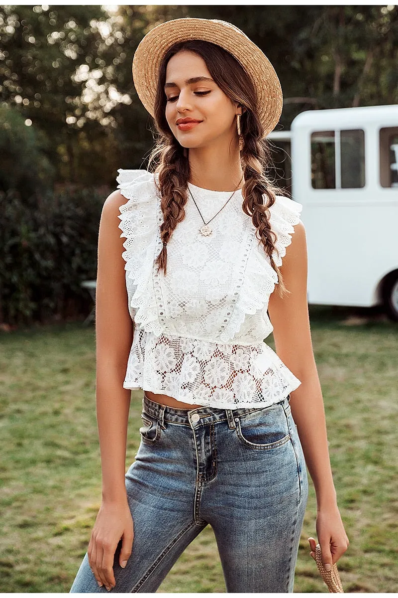 Lace Embroidery Ruffled Hollow Out O-neck Peplum Summer Style White Tops