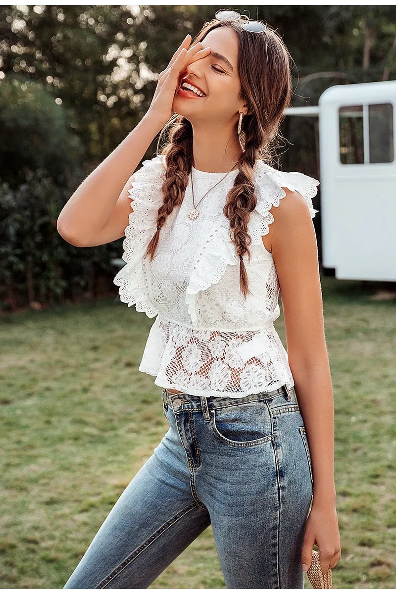 Lace Embroidery Ruffled Hollow Out O-neck Peplum Summer Style White Tops