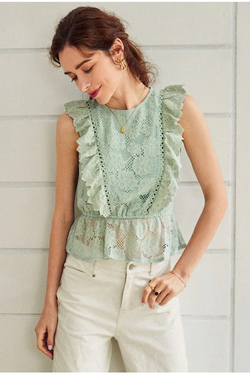 Lace Embroidery Ruffled Hollow Out O-neck Peplum Summer Style White Tops