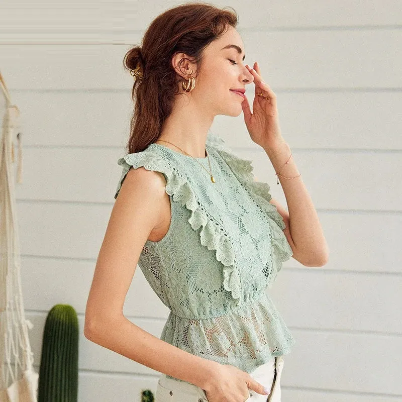 Lace Embroidery Ruffled Hollow Out O-neck Peplum Summer Style White Tops