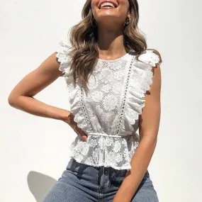 Lace Embroidery Ruffled Hollow Out O-neck Peplum Summer Style White Tops