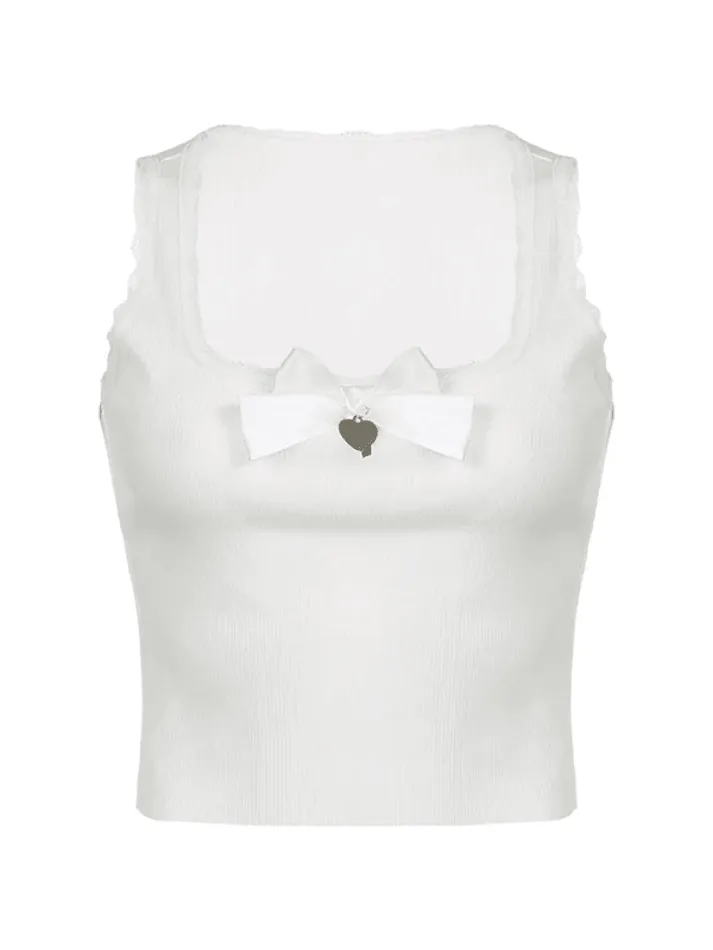 Lace Trim Bow White Tank Top