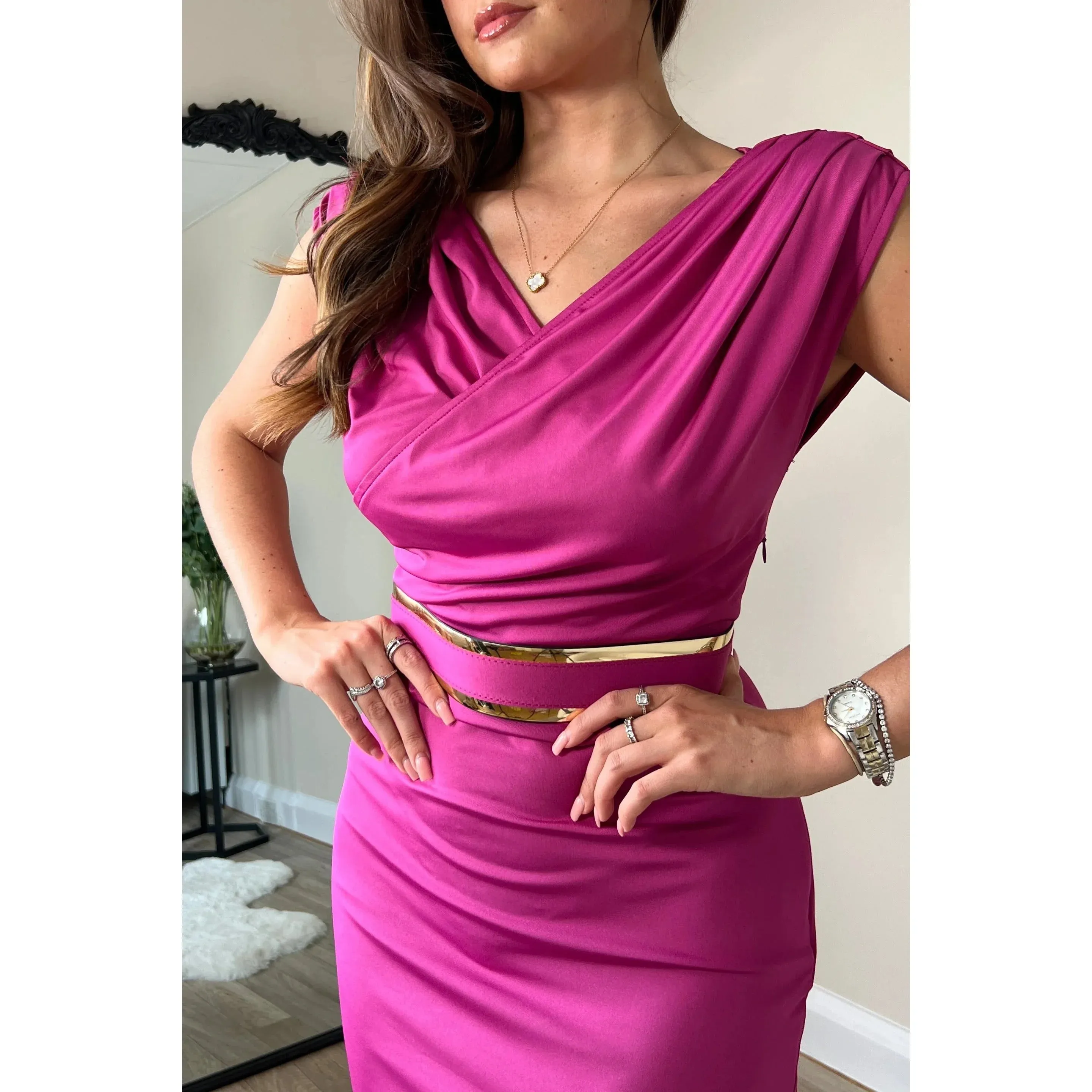 Magenta Sleeveless Wiggle Pencil Dress with Ruched Drape Crossover Top