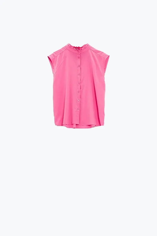 Mao Collar Sleeveless Pink Button Up Blouse