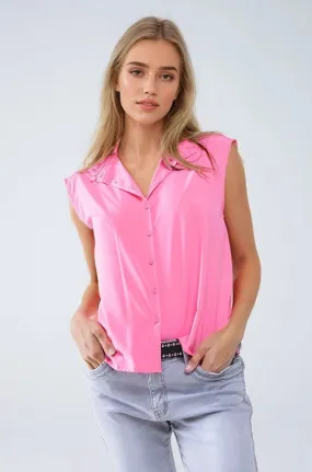 Mao Collar Sleeveless Pink Button Up Blouse