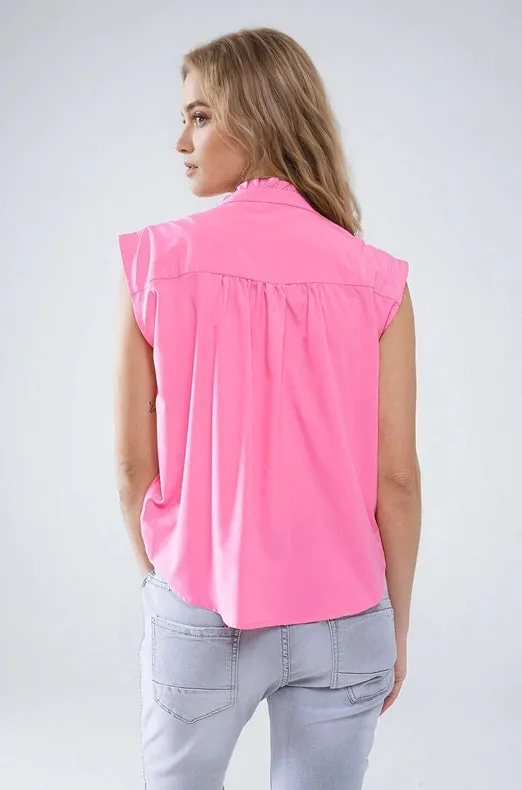 Mao Collar Sleeveless Pink Button Up Blouse