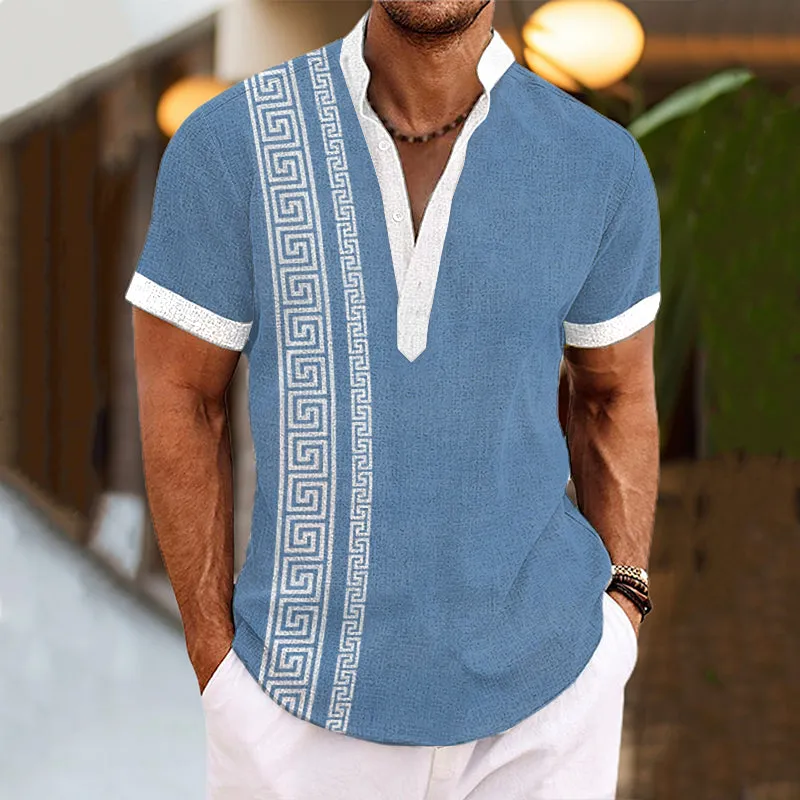 Men's Henley Collar Printed Short Sleeve Shirt 09828437YY