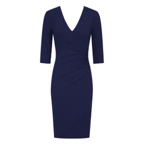 Navy 3/4 Sleeve Deep V Neck Ruched Detail Wrap Effect Dress