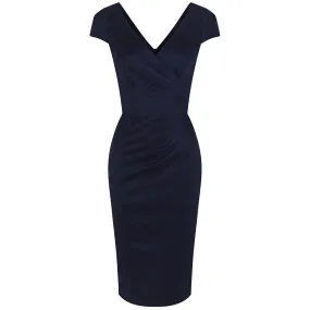 Navy Blue Capped Sleeve Bodycon Wiggle Dress